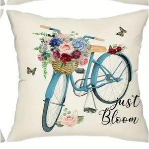 NIP Pillow cover. 18” x 18”  Zipper open/close 1/pc “Just Bloom “ Blue Bicycle
